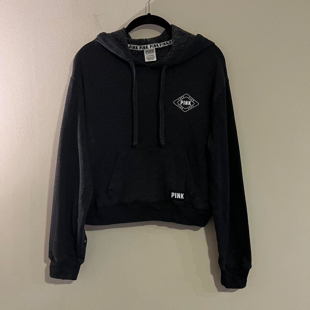 Pink / Victoria's Secret Charcoal Cropped Graphic Logo Hoodie